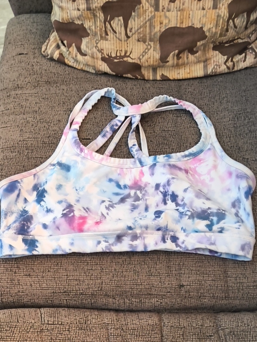 GAIAM Tie-Dye Strappy Sports Bra in Pink and Blue